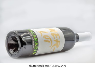 Kyiv, Ukraine - May 16, 2021: Studoi Shoot Of Besarabia Ukrainian Friendly Family Winery Merlot Wine Bottle Closeup Against White.