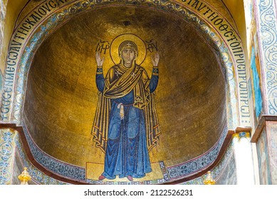 KYIV, UKRAINE - MAY 18 2019: Mosaics of St. Sophia's Cathedral of Kyiv. The Virgin Orans. Interior of the Orthodox Cathedral of Kyiv