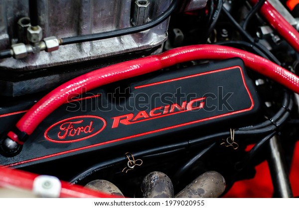 Kyiv, Ukraine - May 18, 2021: Ford racing logo on\
the car engine