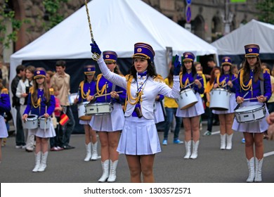 Kyiv, Ukraine - May 19, 2012: Beautiful Young Conductor Of The Girl’s Drummer Orchestra. Celebration Of The Day Of Europe On Independence Square And Khreschatyk Street In Kiev