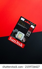 Kyiv, Ukraine - May 20 2022: Box With SanDisk SD Card. SanDisk Packaging. SanDisk Memory Card.