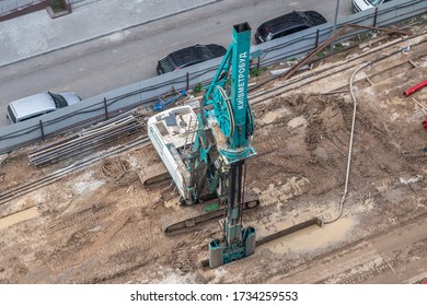 Kyiv, Ukraine - May Of 2020: Casagrande Digs A Slurry Wall On Subway Tunnel Building.