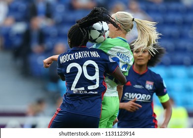 KYIV, UKRAINE - MAY 24, 2018: Air Challenge For The Ball. Beautiful Header By Griedge M'Bock Bathy And Pernille Harder. UEFA Women's Champions League Final Wolfsburg-Lyon