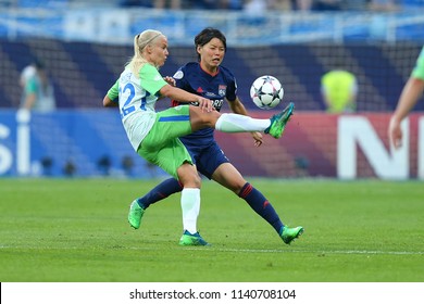 KYIV, UKRAINE - MAY 24, 2018: Battle Between Pernille Harder And Saki Kumagai. UEFA Women's Champions League Final Wolfsburg-Lyon