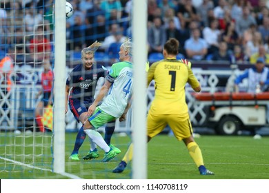 KYIV, UKRAINE - MAY 24, 2018: Impressive Shot On Goal By Amandine Henry Blocked By Nilla Fischer. UEFA Women's Champions League Final Wolfsburg-Lyon