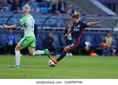 KYIV, UKRAINE - MAY 24, 2018: Impressive Beautiful Dramatic Powerful Shot By Striker Amandine Henry. UEFA Women's Champions League Final Wolfsburg-Lyon