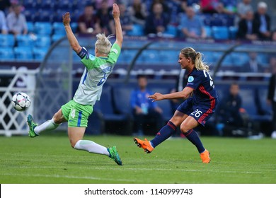 KYIV, UKRAINE - MAY 24, 2018: Impressive Beautiful Dramatic Powerful Shot By Striker Amandine Henry. UEFA Women's Champions League Final Wolfsburg-Lyon