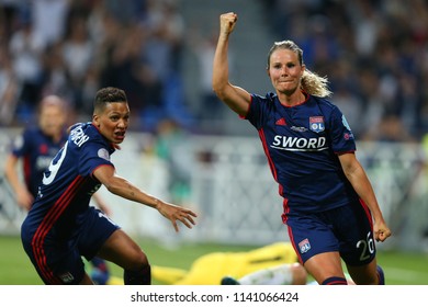 KYIV, UKRAINE - MAY 24, 2018: Amandine Henry Celebrates Scored Goal With Shanice Van De Sanden. UEFA Women's Champions League Final Wolfsburg-Lyon