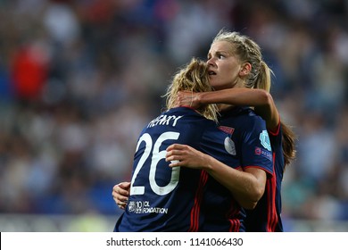 KYIV, UKRAINE - MAY 24, 2018: Amandine Henry And Ada Hegerberg Celebrating Scored Goal. UEFA Women's Champions League Final Wolfsburg-Lyon