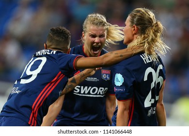 KYIV, UKRAINE - MAY 24, 2018: Ada Hegerberg, Shanice Van De Sanden And Amandine Henry Celebrating Scored Goal. UEFA Women's Champions League Final Wolfsburg-Lyon