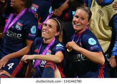 KYIV, UKRAINE - MAY 24, 2018: Camille Abily And Amandine Henry Celebrating Victory In UEFA Women's Champions League Final Wolfsburg-Lyon