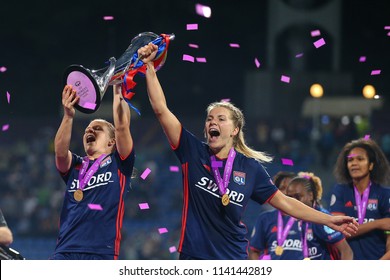 KYIV, UKRAINE - MAY 24, 2018: Ada Hegerberg And Amandine Henry Celebrating Victory In UEFA Women's Champions League Final Wolfsburg-Lyon