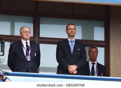 KYIV, UKRAINE - MAY 24, 2018: Jean-Michel Aulas, Owner Of Olympique Lyonnais And Aleksander Ceferin, President Of UEFA, VIP Guests Of The UEFA Women's Champions League Final 2018 Game Wolfsburg V Lyon