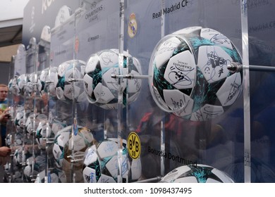 KYIV, UKRAINE - MAY 25, 2018: Fan Zone of football fans of the UEFA Champions League final. The exhibition of the Champions League balls with the signatures of the players