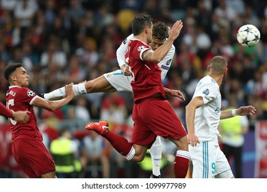 KYIV, UKRAINE - MAY 26, 2018: Impressive Beautiful Header By Cristiano Ronaldo. UEFA Champions League Final Real Madrid - Liverpool. Olympic NSC Stadium.