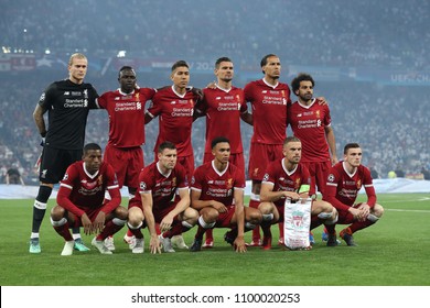 KYIV, UKRAINE - MAY 26, 2018: Liverpool team group photo before the match. UEFA Champions League final Real Madrid - Liverpool. Olympic NSC stadium.