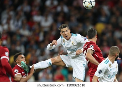 KYIV, UKRAINE - MAY 26, 2018: Impressive Beautiful Header By Cristiano Ronaldo. UEFA Champions League Final Real Madrid - Liverpool. Olympic NSC Stadium.