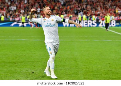 KYIV, UKRAINE - MAY 26, 2018: Sergio Ramos Of Real Madrid Celebrate The Victory In The Final Of The UEFA Champions League 2018 In Kiev  Match Between Real Madrid And Liverpool, Ukraine