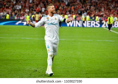 KYIV, UKRAINE - MAY 26, 2018: Sergio Ramos Of Real Madrid Celebrate The Victory In The Final Of The UEFA Champions League 2018 In Kiev  Match Between Real Madrid And Liverpool, Ukraine