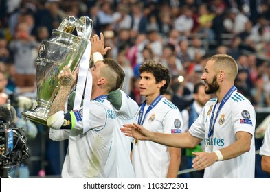 KYIV, UKRAINE - MAY 26, 2018: Sergio Ramos Of Real Madrid Celebrate The Victory In The Final Of The UEFA Champions League 2018 In Kiev  Match Between Real Madrid And Liverpool, Ukraine