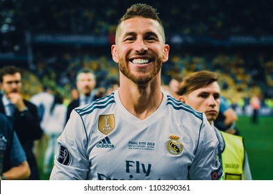 KYIV, UKRAINE - MAY 26, 2018: Sergio Ramos Of Real Madrid Celebrate The Victory In The Final Of The UEFA Champions League 2018 In Kiev  Match Between Real Madrid And Liverpool, Ukraine