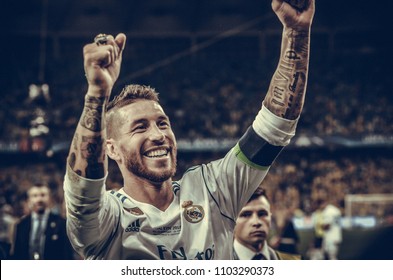 KYIV, UKRAINE - MAY 26, 2018: Sergio Ramos Of Real Madrid Celebrate The Victory In The Final Of The UEFA Champions League 2018 In Kiev  Match Between Real Madrid And Liverpool, Ukraine