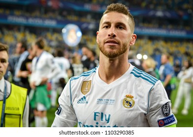 KYIV, UKRAINE - MAY 26, 2018: Sergio Ramos Of Real Madrid Celebrate The Victory In The Final Of The UEFA Champions League 2018 In Kiev  Match Between Real Madrid And Liverpool, Ukraine