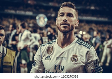 KYIV, UKRAINE - MAY 26, 2018: Sergio Ramos Of Real Madrid Celebrate The Victory In The Final Of The UEFA Champions League 2018 In Kiev  Match Between Real Madrid And Liverpool, Ukraine