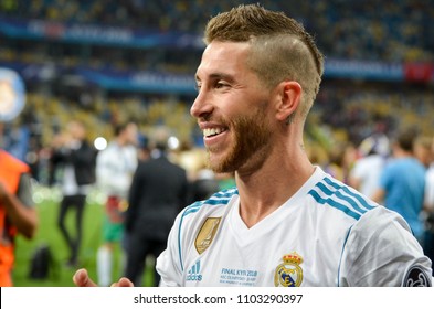 KYIV, UKRAINE - MAY 26, 2018: Sergio Ramos With Son Of Real Madrid Celebrate The Victory In The Final Of The UEFA Champions League 2018 In Kiev  Match Between Real Madrid And Liverpool, Ukraine