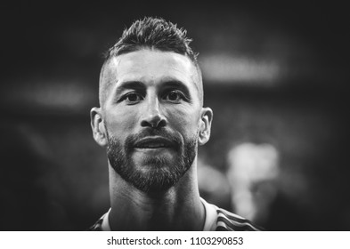 KYIV, UKRAINE - MAY 26, 2018: Sergio Ramos Of Real Madrid Celebrate The Victory In The Final Of The UEFA Champions League 2018 In Kiev  Match Between Real Madrid And Liverpool, Ukraine