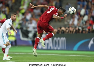 KYIV, UKRAINE - MAY 26, 2018: Impressive Beautiful Header By Roberto Firmino. UEFA Champions League Final Real Madrid - Liverpool. Olympic NSC Stadium.