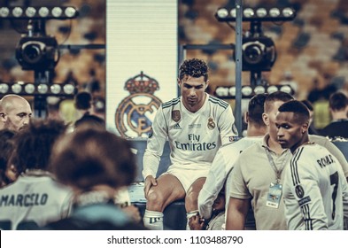 KYIV, UKRAINE - MAY 26, 2018: Cristiano Ronaldo Sit Alone And Sad After The Victory In The Final Of The UEFA Champions League 2018 In Kiev  Match Between Real Madrid And Liverpool, Ukraine