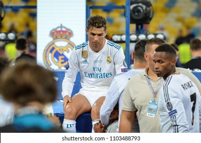 KYIV, UKRAINE - MAY 26, 2018: Cristiano Ronaldo Sit Alone And Sad After The Victory In The Final Of The UEFA Champions League 2018 In Kiev  Match Between Real Madrid And Liverpool, Ukraine