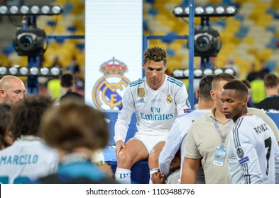 KYIV, UKRAINE - MAY 26, 2018: Cristiano Ronaldo Sit Alone And Sad After The Victory In The Final Of The UEFA Champions League 2018 In Kiev  Match Between Real Madrid And Liverpool, Ukraine