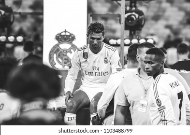 KYIV, UKRAINE - MAY 26, 2018: Cristiano Ronaldo Sit Alone And Sad After The Victory In The Final Of The UEFA Champions League 2018 In Kiev  Match Between Real Madrid And Liverpool, Ukraine