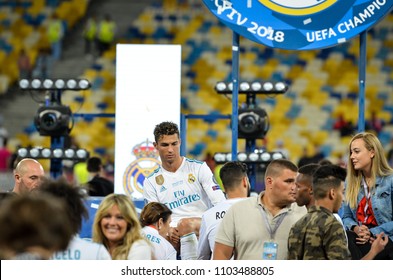 KYIV, UKRAINE - MAY 26, 2018: Cristiano Ronaldo Sit Alone And Sad After The Victory In The Final Of The UEFA Champions League 2018 In Kiev  Match Between Real Madrid And Liverpool, Ukraine