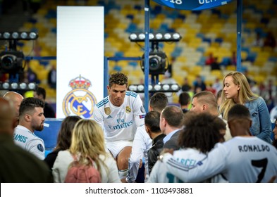 KYIV, UKRAINE - MAY 26, 2018: Cristiano Ronaldo Sit Alone And Sad After The Victory In The Final Of The UEFA Champions League 2018 In Kiev  Match Between Real Madrid And Liverpool, Ukraine