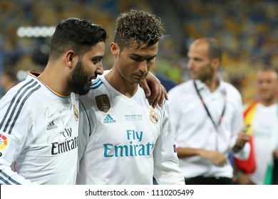 KYIV, UKRAINE - MAY 26, 2018: Cristiano Ronaldo Leaving The Field Sad And Disappointed With Head Down. UEFA Champions League Final Real Madrid - Liverpool. Olympic NSC Stadium.