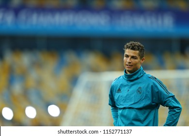 KYIV, UKRAINE - MAY 26, 2018: Cristiano Ronaldo Beautiful Close-up Portrait. UEFA Champions League Final Real Madrid Pre-match Training. Olympic NSC Stadium.