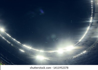 KYIV, UKRAINE – MAY 26, 2018: Dramatic football stadium NSC Olympic in Kyiv view before the match. UEFA Champions League final between Real Madrid and Liverpool, Abstract background.