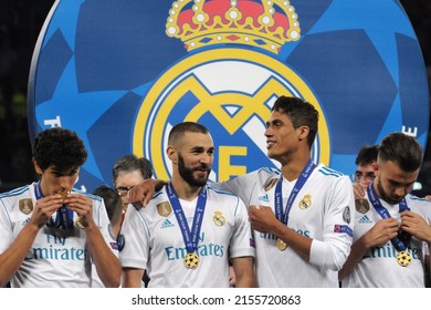 KYIV, UKRAINE – MAY 26, 2018:  Karim Benzema And Raphaël Varane With A Medals At The Awards Ceremony. UEFA Champions League Final Between Real Madrid And Liverpool. 