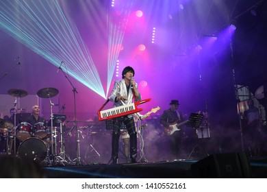Kyiv Ukraine - May 26, 2019: Live concert of Didier Marouani and group "Space", accompanied by the symphony orchestra of the National Operetta of Ukraine. Great for editorial publication.