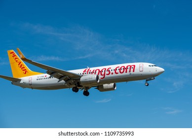 KYIV, UKRAINE - MAY 27, 2018: Photo of a Pegasus Airlines plane, which is charter and regular airline. Based at Ankara and Istanbul Ataturk Airport, flypgs.com - turkish airlines company