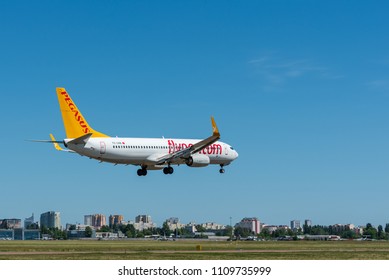 KYIV, UKRAINE - MAY 27, 2018: Photo of a Pegasus Airlines plane, which is charter and regular airline. Based at Ankara and Istanbul Ataturk Airport, flypgs.com - turkish airlines company