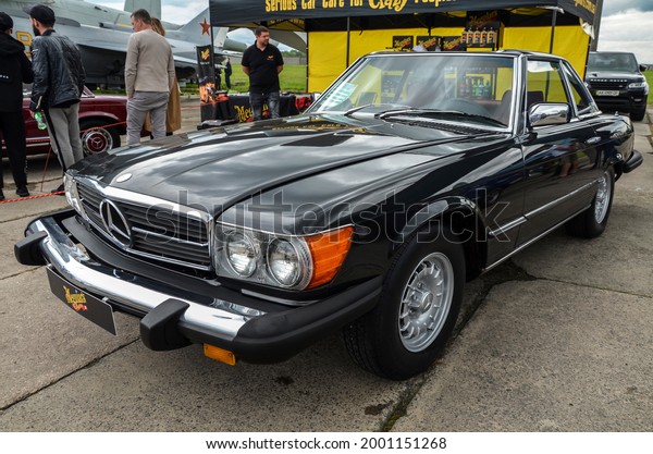 KYIV, UKRAINE\
MAY 29 2021: old car land festival. The old elegant model of\
Mercedes-Benz 1979 450SL 2 doors sedan with V8 engine and automatic\
gearbox at retro car\
exhibition