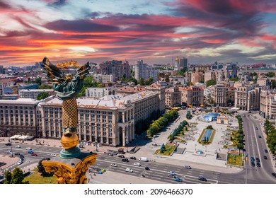Kyiv, Ukraine. May 30, 2021. Aerial view of the Kyiv Ukraine above Maidan Nezalezhnosti Independence Monument. Golden beautiful Ukrainian woman statue in the middle of the city.