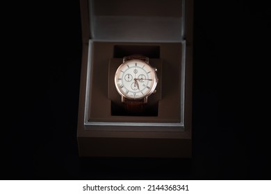 Kyiv, Ukraine - May, 4 2021: Product Shot Of A Long Branded Watch In A Box Isolated On A Black Background