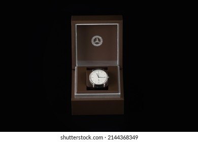 Kyiv, Ukraine - May, 4 2021: Product Shot Of A Long Branded Watch In A Box Isolated On A Black Background