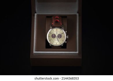 Kyiv, Ukraine - May, 4 2021: Product Shot Of A Long Branded Watch In A Box Isolated On A Black Background