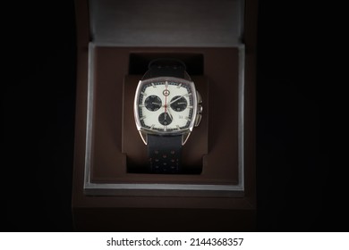 Kyiv, Ukraine - May, 4 2021: Product Shot Of A Long Branded Watch In A Box Isolated On A Black Background